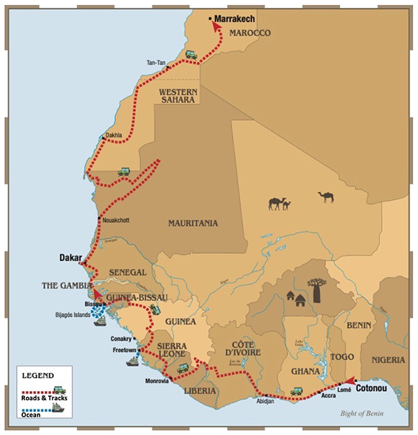 55 Day Grand Expedition: from Cotonou to Marrakech in 2024 - Map