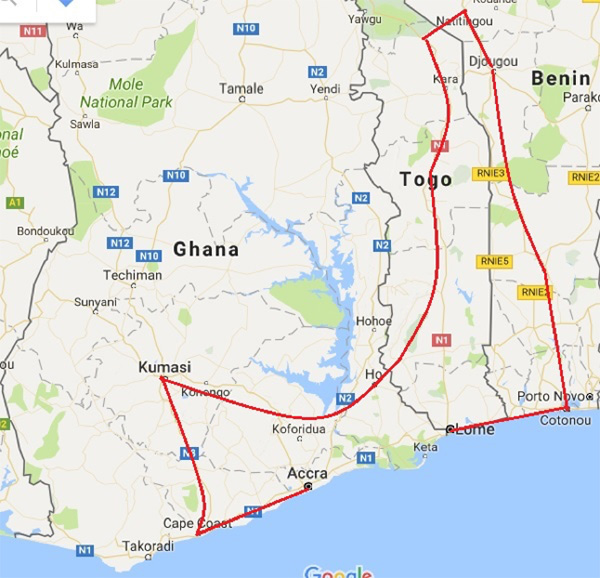 Map for Ghana, Togo, Benin - Odwira Festival 2019 trip